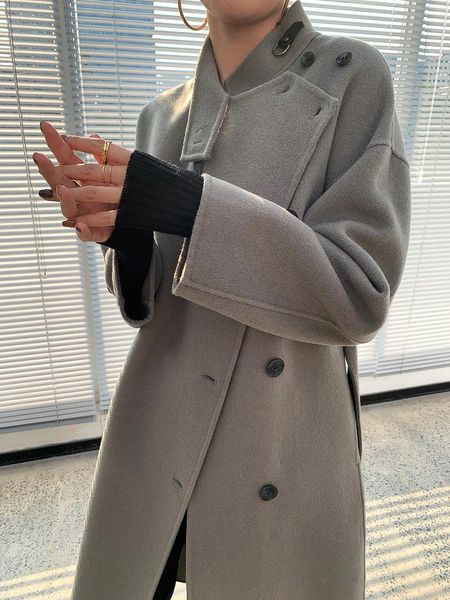 women's wool & blends high end elephant grey double-sided cashmere coat 2021 autumn winter stand collar buckle long, Black
women's wool & blends high end elephant grey double-sided cashmere coat 2021 autumn winter stand collar buckle long, Black