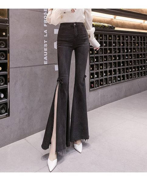 women's jeans spring and autumn black colour bell bottomed pants fashionable split jeans., Blue
women's jeans spring and autumn black colour bell bottomed pants fashionable split jeans., Blue