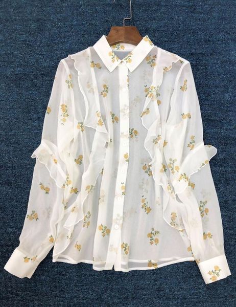 women's blouses & shirts 100% silk women long sleeve yellow rose print see through ruffle blouse, White
women's blouses & shirts 100% silk women long sleeve yellow rose print see through ruffle blouse, White