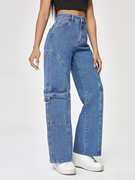 flap pocket wide leg jeans c8yv#, Blue
