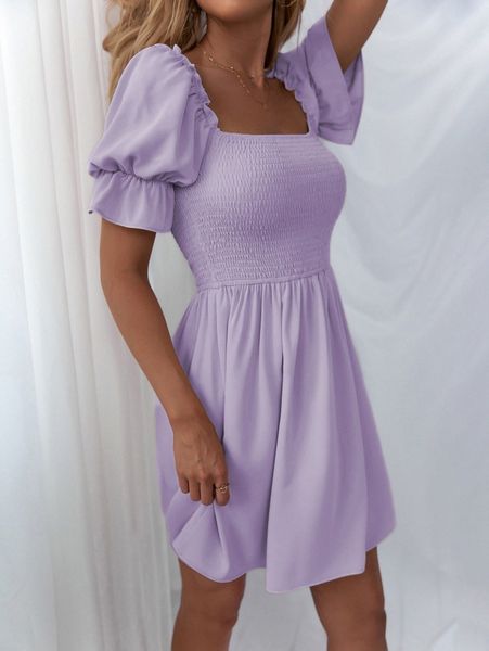 shirred bodice solid dress u4e6#, Black;gray