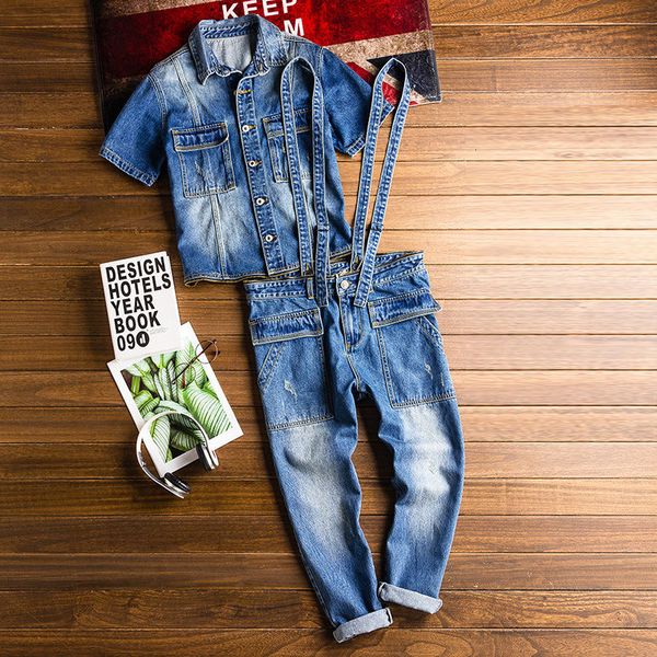 spring and summer men's denim jumpsuit short sleeve blue jeans hip-hop jacket detachable waist overalls retro trousers
spring and summer men's denim jumpsuit short sleeve blue jeans hip-hop jacket detachable waist overalls retro trousers