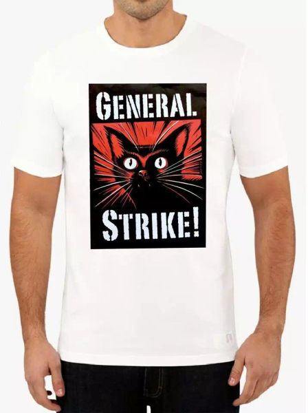 industrial workers of the world general strike cat union iww t shirt tee, White;black 
industrial workers of the world general strike cat union iww t shirt tee, White;black