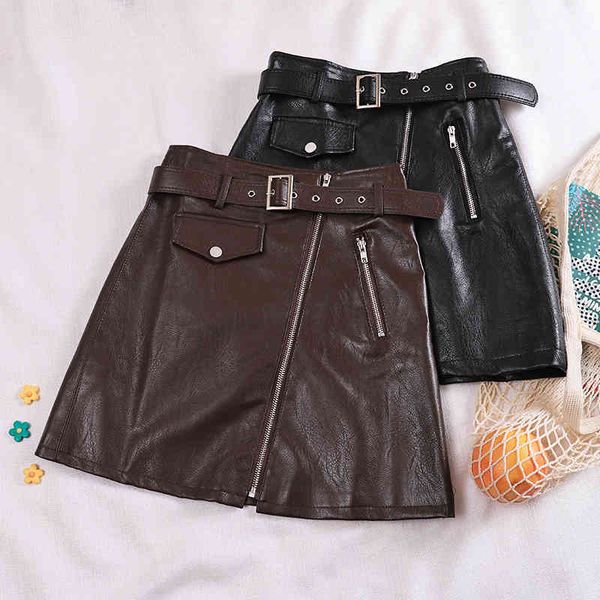 streetwear black/brown skirt for women high waist zipper faux leather female mini with belt vintage faldas saia 210426
streetwear black/brown skirt for women high waist zipper faux leather female mini with belt vintage faldas saia 210426