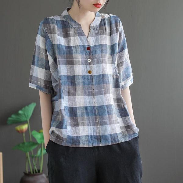 women's blouses & shirts summer arts style women v-neck short sleeve casual cotton linen plaid loose plus size femme m130 k12, White
women's blouses & shirts summer arts style women v-neck short sleeve casual cotton linen plaid loose plus size femme m130 k12, White