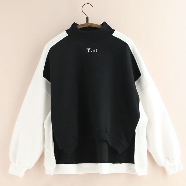 black white patchwork embroidery turtleneck split sweatshirts pullovers casual think fleece h0011 210514
black white patchwork embroidery turtleneck split sweatshirts pullovers casual think fleece h0011 210514