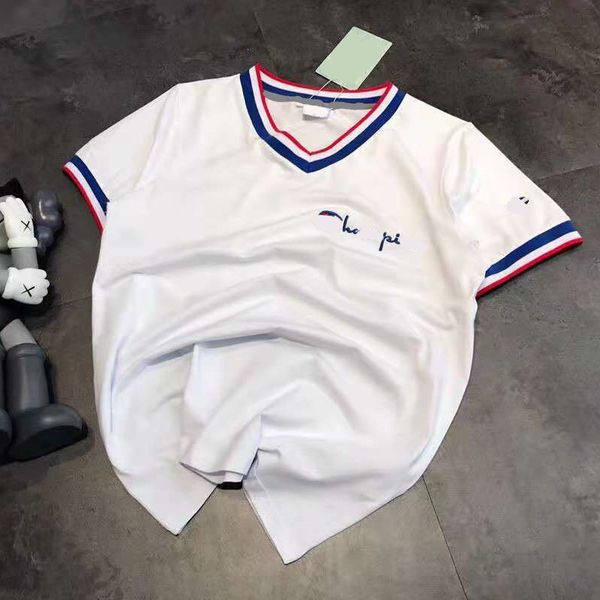 high version spring summer 2021 new fashion contrast stripe v-neck chest embroidery simple casual men's and women's short sleeves, White
high version spring summer 2021 new fashion contrast stripe v-neck chest embroidery simple casual men's and women's short sleeves, White