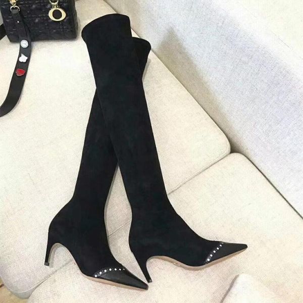 boots shoes women winter knee high heels kid suede genuine leather pointed toe zapatos de mujer, Black
boots shoes women winter knee high heels kid suede genuine leather pointed toe zapatos de mujer, Black
