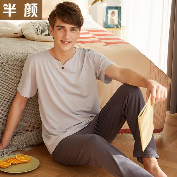 sleepwear fashion pajamas shopping counter spring and summer men's simple short sleeve trousers home clothes modal cotton large size, Black;brown
sleepwear fashion pajamas shopping counter spring and summer men's simple short sleeve trousers home clothes modal cotton large size, Black;brown