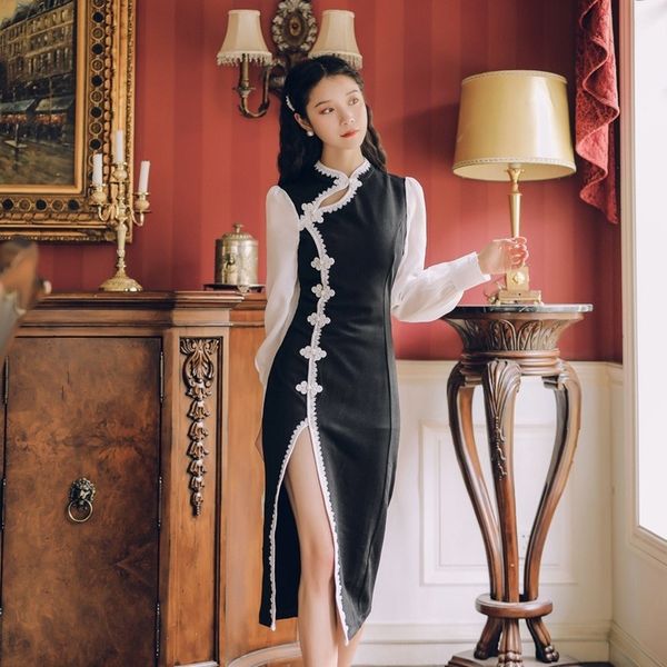 2021 new cheongsam split lace , retro fashion, long sleeve, slim, elegant lady, spring and autumn iwmu, Black;gray
2021 new cheongsam split lace , retro fashion, long sleeve, slim, elegant lady, spring and autumn iwmu, Black;gray