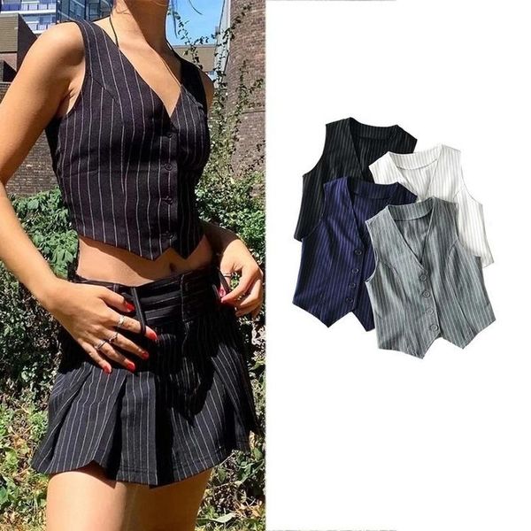 women's vests fashion stripe vest suit waistcoat women summer v-neck career crop office formal work wear elegant outerwear mujer, Black;white
women's vests fashion stripe vest suit waistcoat women summer v-neck career crop office formal work wear elegant outerwear mujer, Black;white