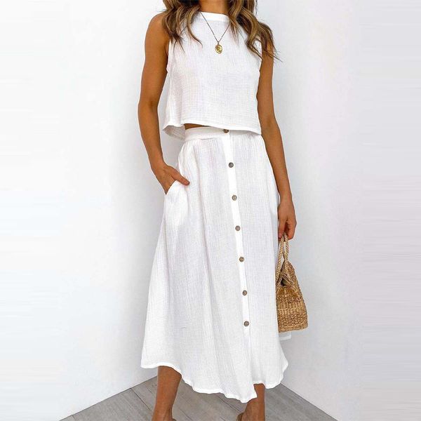 high-waisted skirt women's suit sleeveless two piece set button long a-line skirts summer casual sets plus size 210524, White
high-waisted skirt women's suit sleeveless two piece set button long a-line skirts summer casual sets plus size 210524, White