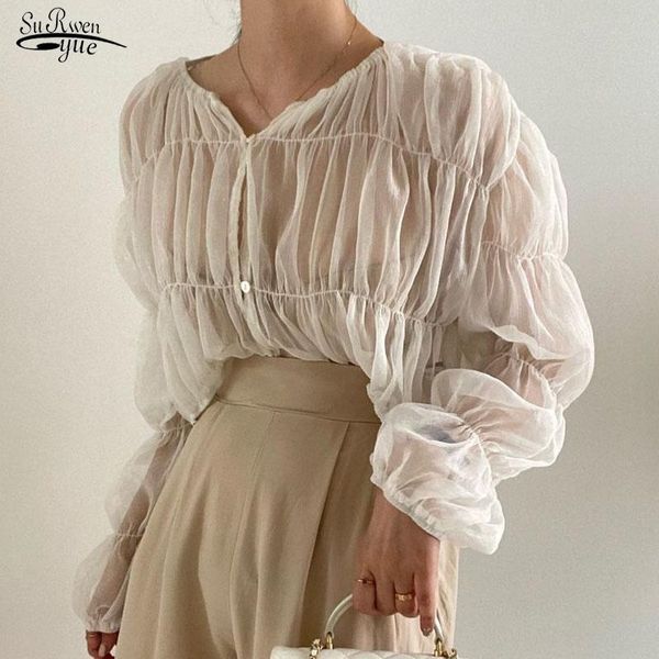 women's blouses & shirts autumn loose folds perspective chiffon shirt korean fashion pleated casual blouse women long sleeve blusas mu, White
women's blouses & shirts autumn loose folds perspective chiffon shirt korean fashion pleated casual blouse women long sleeve blusas mu, White