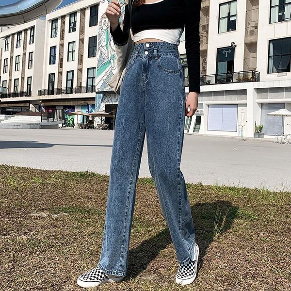 spring straight loose jeans women's double buckle tide high waist matching figure flattering mopping pants, Blue
spring straight loose jeans women's double buckle tide high waist matching figure flattering mopping pants, Blue