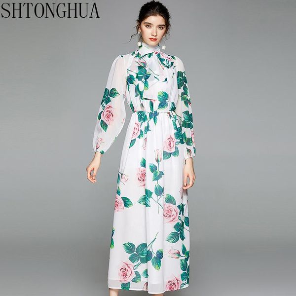fashion fairy temperament rose printed chiffon long dress 2021 summer bow collar lantern sleeve elastic waist casual dresses, Black;gray 
fashion fairy temperament rose printed chiffon long dress 2021 summer bow collar lantern sleeve elastic waist casual dresses, Black;gray