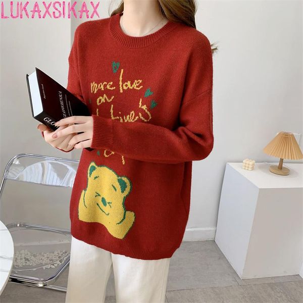 women's sweaters 2021 autumn winter women loose pullover sweater korean fashion cute cartoon bear letter knitted, White;black
women's sweaters 2021 autumn winter women loose pullover sweater korean fashion cute cartoon bear letter knitted, White;black