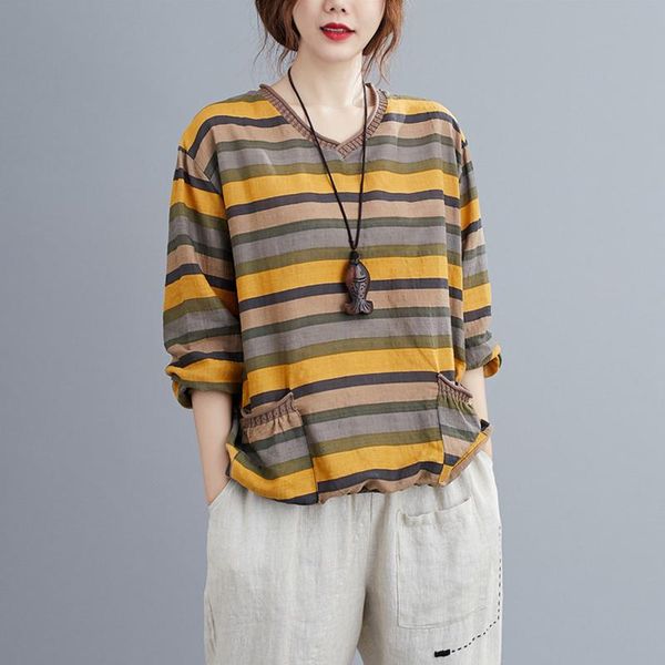 johnature casual striped women t-shirts 2021 spring v-neck full sleeve loose all-match pockets women's t-shirt, White
johnature casual striped women t-shirts 2021 spring v-neck full sleeve loose all-match pockets women's t-shirt, White