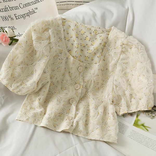 women's t-shirt mesh patchwork t shirt women puff sleeve floral crop female elegant single-breasted print slim square neck tee, White
women's t-shirt mesh patchwork t shirt women puff sleeve floral crop female elegant single-breasted print slim square neck tee, White