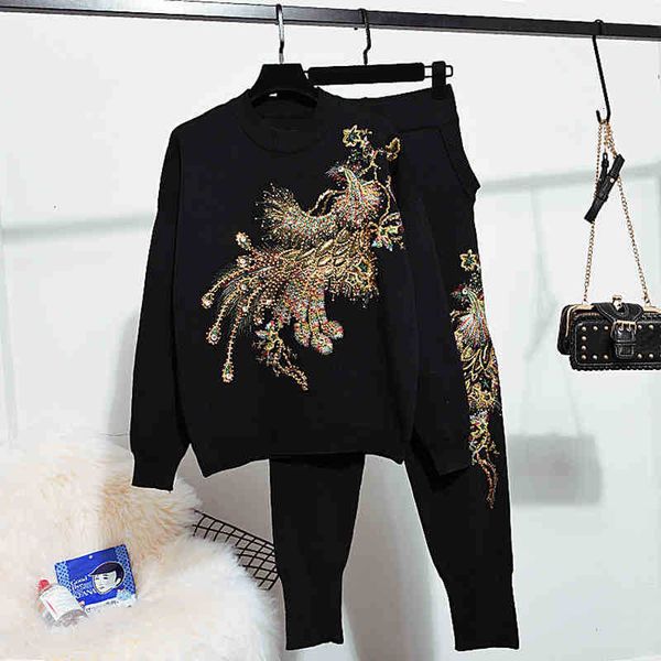 women's two piece pants fashion manual beading embroidery phoenix knitted tracksuit set women black pullover sweater long ou 058y, White
women's two piece pants fashion manual beading embroidery phoenix knitted tracksuit set women black pullover sweater long ou 058y, White