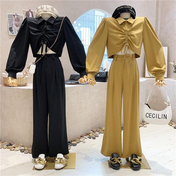 women's two piece pants clothing 2021 autumn design sense pleated long sleeve shirt + high waist and wide leg casual two-piece set, White
women's two piece pants clothing 2021 autumn design sense pleated long sleeve shirt + high waist and wide leg casual two-piece set, White