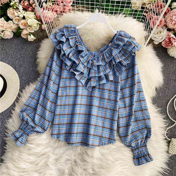 spring autumn temperament color matching plaid shirt women's v-neck ruffled lantern sleeve loose clavicle 210428, White
spring autumn temperament color matching plaid shirt women's v-neck ruffled lantern sleeve loose clavicle 210428, White