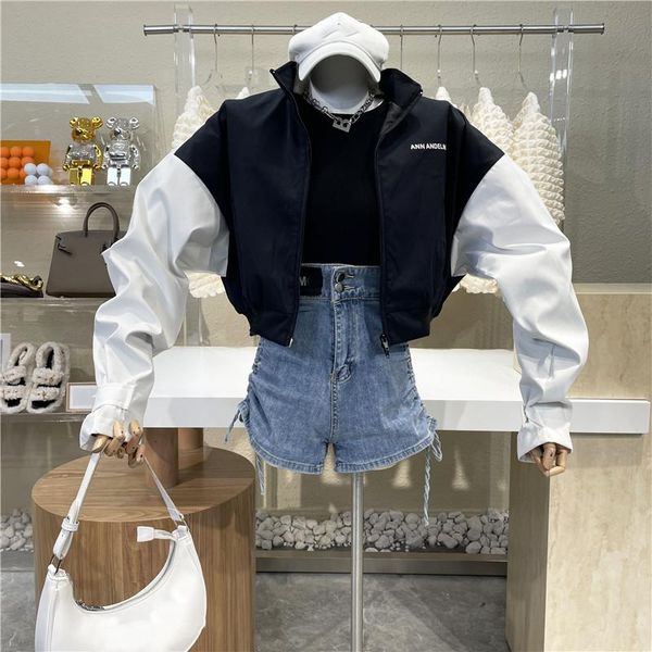 women's jackets high street silhouette black and white stitching short coat fashion versatile letter loose stand collar long sleeve jac, Black;brown
women's jackets high street silhouette black and white stitching short coat fashion versatile letter loose stand collar long sleeve jac, Black;brown