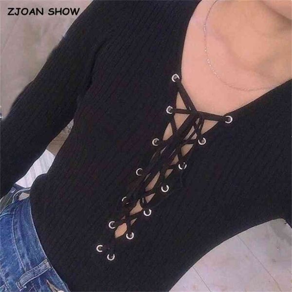 90's vintage knitting cross lacing up bandage v neck long sleeve bodysuit woman short jumpsuit slim fit rompers playsuits 210429, Black;white
90's vintage knitting cross lacing up bandage v neck long sleeve bodysuit woman short jumpsuit slim fit rompers playsuits 210429, Black;white