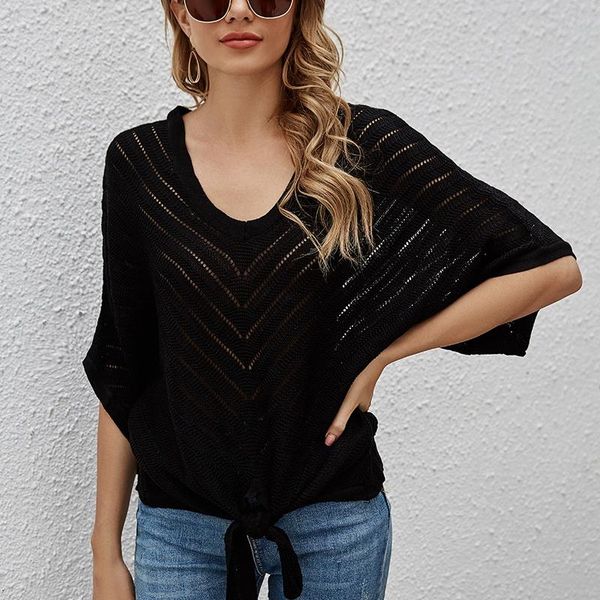 women's t-shirt summer lace-up thin cutout sweater v-neck five-point sleeve loose casual, White
women's t-shirt summer lace-up thin cutout sweater v-neck five-point sleeve loose casual, White
