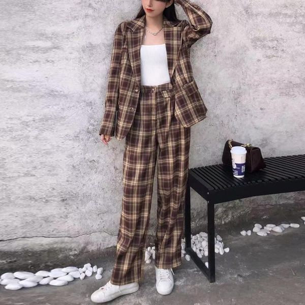 women's two piece pants vintage plaid women blazer pant suits single breasted set causal office ladies two-piece sets, White
women's two piece pants vintage plaid women blazer pant suits single breasted set causal office ladies two-piece sets, White