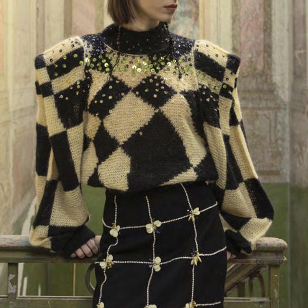 women's sweaters color sequins matching plaid loose lantern sleeve pullover 2021 winter vinatge geometric pattern sweater women christm, White;black
women's sweaters color sequins matching plaid loose lantern sleeve pullover 2021 winter vinatge geometric pattern sweater women christm, White;black