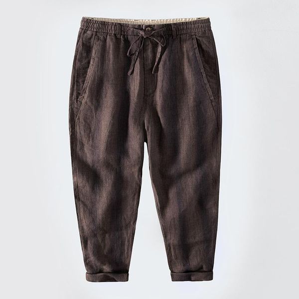 men's pants japan style ankel-length elastic waist drawstring 100% pure linen striped brand casual loose cozy trousers, Black
men's pants japan style ankel-length elastic waist drawstring 100% pure linen striped brand casual loose cozy trousers, Black