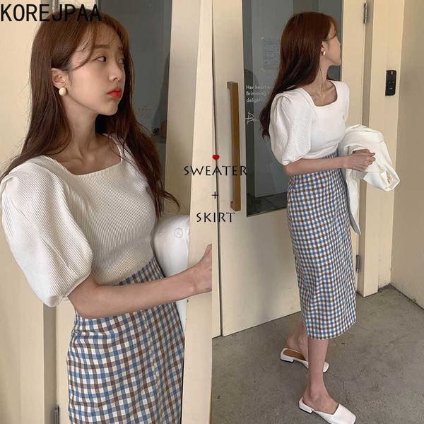 korejpaa women sets korea chic retro wild square collar thread sweater t-shirt+high waist and long plaid skirt woman suits 210526, White
korejpaa women sets korea chic retro wild square collar thread sweater t-shirt+high waist and long plaid skirt woman suits 210526, White