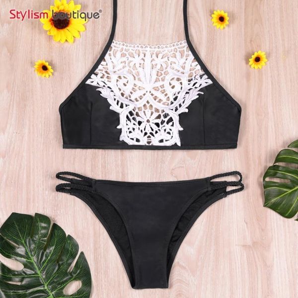 women's swimwear high neck bikini set crochet lace patchwork swimsuit halter women bandage bathing suit padded beachwear 2021, White;black
women's swimwear high neck bikini set crochet lace patchwork swimsuit halter women bandage bathing suit padded beachwear 2021, White;black
