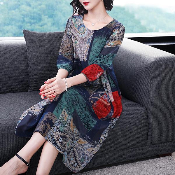 vintage printing summer dress women plus size three quarter sleeve silk dresses elegant woman long vestidos gd94 casual, Black;gray
vintage printing summer dress women plus size three quarter sleeve silk dresses elegant woman long vestidos gd94 casual, Black;gray