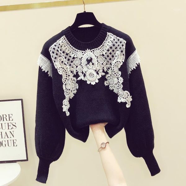 heavy industry floral lace stitching black sweater women's lantern sleeve pullover loose 2021 autumn winter sweaters knitwear1, White;black
heavy industry floral lace stitching black sweater women's lantern sleeve pullover loose 2021 autumn winter sweaters knitwear1, White;black