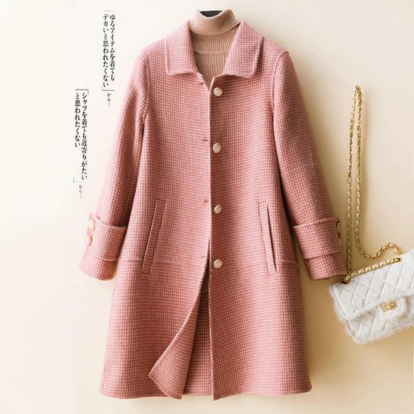 women's wool & blends plaid double-sided cashmere coat for women with long doll collar and loose korean woolen, Black
women's wool & blends plaid double-sided cashmere coat for women with long doll collar and loose korean woolen, Black