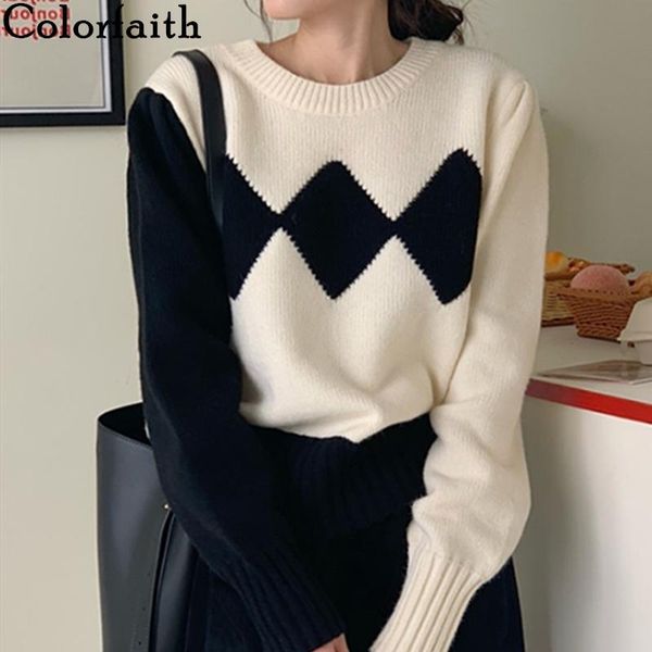 women's sweaters colorfaith 2021 autumn winter pullover checkered color blocking elegant vintage fashionable sw1598jx, White;black
women's sweaters colorfaith 2021 autumn winter pullover checkered color blocking elegant vintage fashionable sw1598jx, White;black