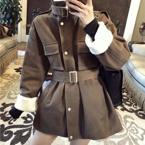 women's jackets fleece stand collar women belt warm pockets spring winter fall lady button cotton padded outerwear, Black;brown
women's jackets fleece stand collar women belt warm pockets spring winter fall lady button cotton padded outerwear, Black;brown