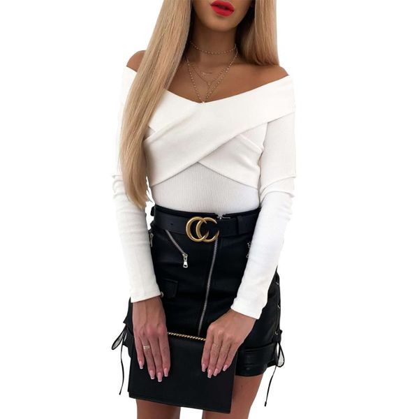women's t-shirt elegant knitted women t-shirts off shoulder tshirts solid colour cross slim fit tee shirts ladies long sleeve d30, White 
women's t-shirt elegant knitted women t-shirts off shoulder tshirts solid colour cross slim fit tee shirts ladies long sleeve d30, White