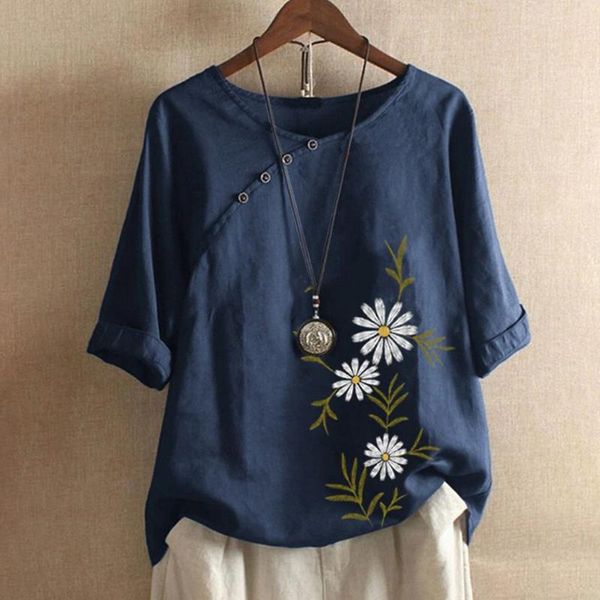 women's t-shirt 40# cotton linen floral print casual plus size o-neck short sleeve tshirt loose button tunic summer tee, White
women's t-shirt 40# cotton linen floral print casual plus size o-neck short sleeve tshirt loose button tunic summer tee, White