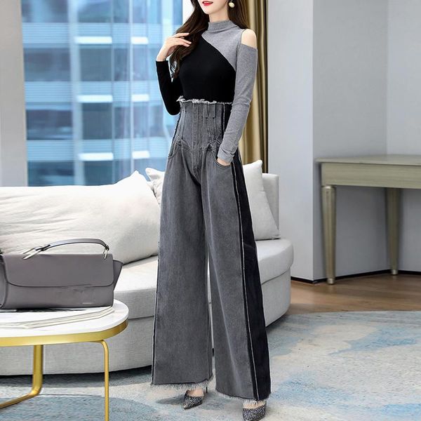 vintage suit wear long sleeve knitted spliced tshirt & patchwork wide leg jeans pants women sets loose casual 2 piece set women's two, White
vintage suit wear long sleeve knitted spliced tshirt & patchwork wide leg jeans pants women sets loose casual 2 piece set women's two, White