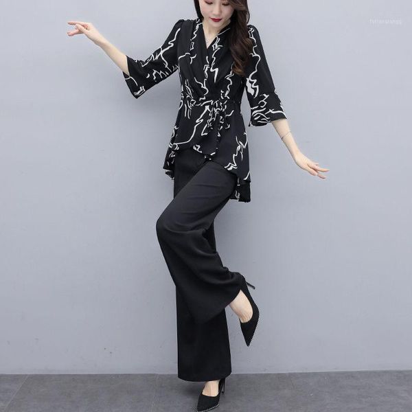 women spring summer vintage set female print lace up shirt + high waist wide leg pant suit lady casual loose 2 pcs f404 women's tracksu, Gray
women spring summer vintage set female print lace up shirt + high waist wide leg pant suit lady casual loose 2 pcs f404 women's tracksu, Gray