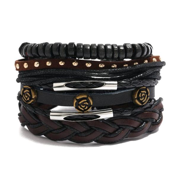 link, chain european and american hair rose vintage leather bracelet men's woven diy set beaded jewelry, Black 
link, chain european and american hair rose vintage leather bracelet men's woven diy set beaded jewelry, Black