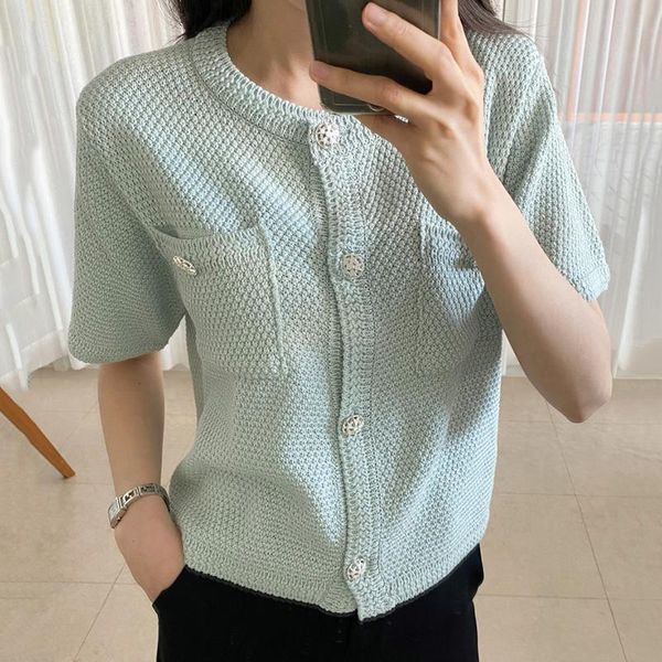 women's knits & tees korea chic summer wild round neck single-breasted casual loose pocket knitted cardigan short jacket female, White
women's knits & tees korea chic summer wild round neck single-breasted casual loose pocket knitted cardigan short jacket female, White