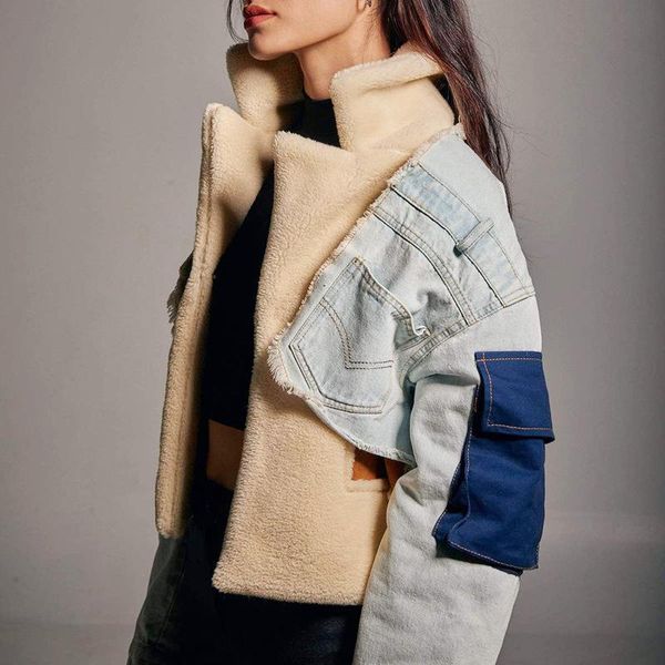 women's jackets 2021 winter patchowrk lambswool thickened denim jacket women lapel long sleeve tassel fashion casual coat female warm, Black;brown
women's jackets 2021 winter patchowrk lambswool thickened denim jacket women lapel long sleeve tassel fashion casual coat female warm, Black;brown