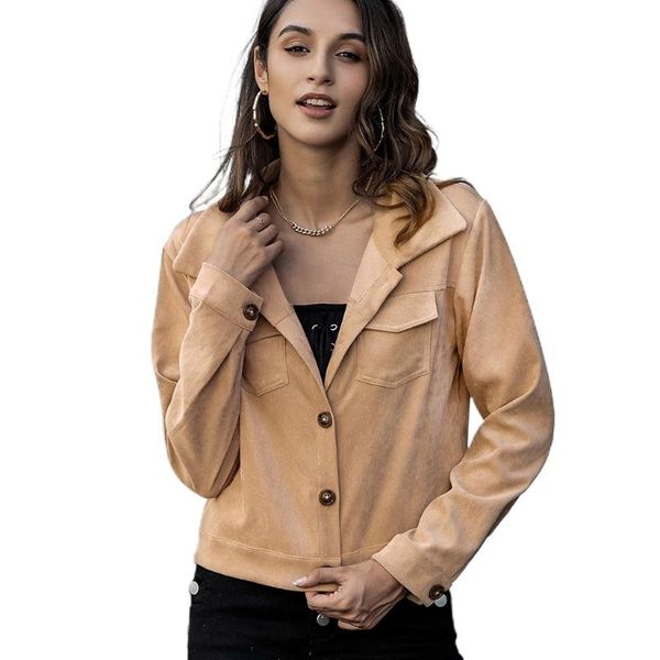 women solid color single breasted jacket long sleeve turn-down collar short coat women's jackets, Black;brown
women solid color single breasted jacket long sleeve turn-down collar short coat women's jackets, Black;brown
