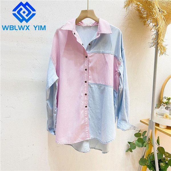 women's blouses & shirts denim spliced shirt women fashion stripe lapel long sleeve female loose womens and asymmetry blouse, White
women's blouses & shirts denim spliced shirt women fashion stripe lapel long sleeve female loose womens and asymmetry blouse, White