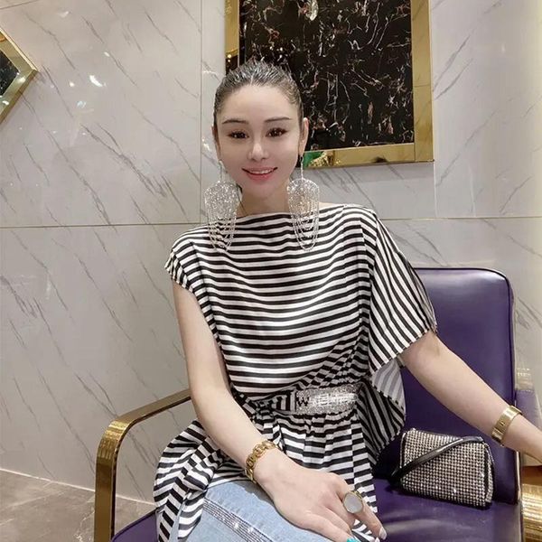 women's t-shirt 2021 spring and summer fashion european goods casual thin irregular stripe chiffon for women, White
women's t-shirt 2021 spring and summer fashion european goods casual thin irregular stripe chiffon for women, White
