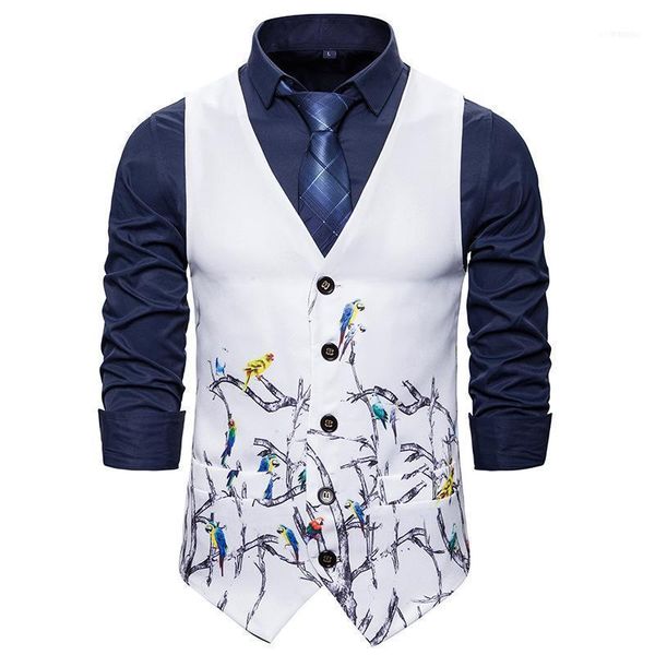 mens dress vests slim fit white bird floral print sleeveless waistcoat vest men business social wedding tuxedo suit1, Black;white