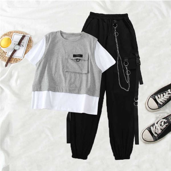 summer 2 piece suit black cargo pants with t shirt streetwear male hip hop track 210531, White
summer 2 piece suit black cargo pants with t shirt streetwear male hip hop track 210531, White
